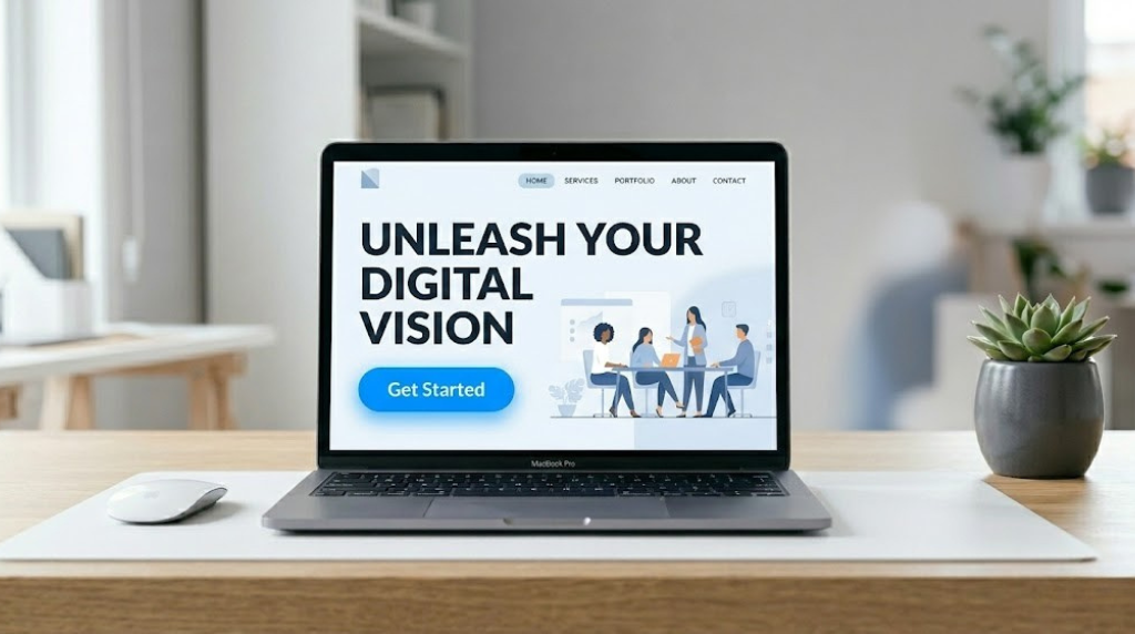 A laptop on a white desk displaying a modern, high-contrast "Unleash Your Digital Vision" landing page with a clear "Get Started" call to action.