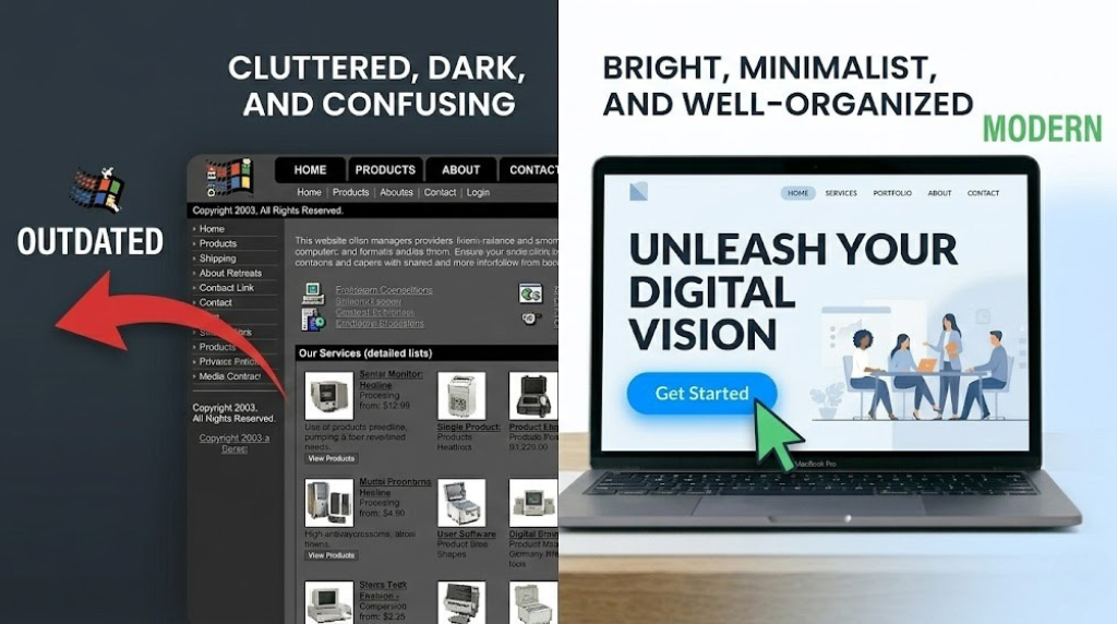 A side-by-side comparison of a cluttered, dark 2003-style website labeled "Outdated" versus a bright, minimalist "Modern" website on a laptop.