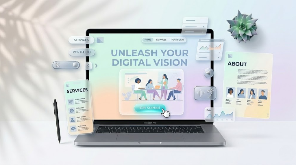 A laptop displaying a modern website with translucent UI components, a "Services" mobile interface, and an "About" section floating around it.