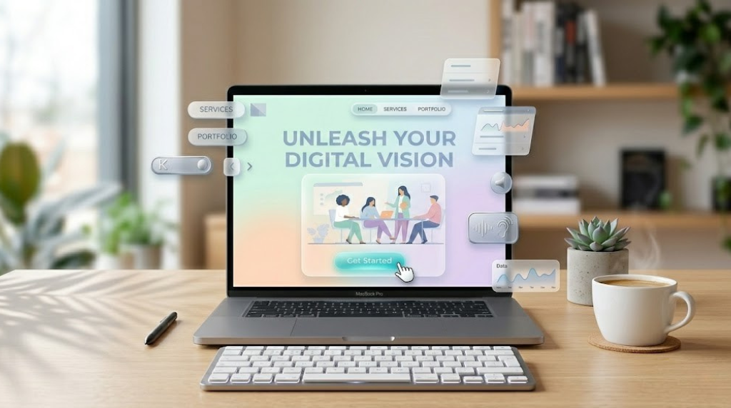 A modern laptop setup on a wooden desk featuring a website with floating glassmorphism UI elements and a "Get Started" call to action.