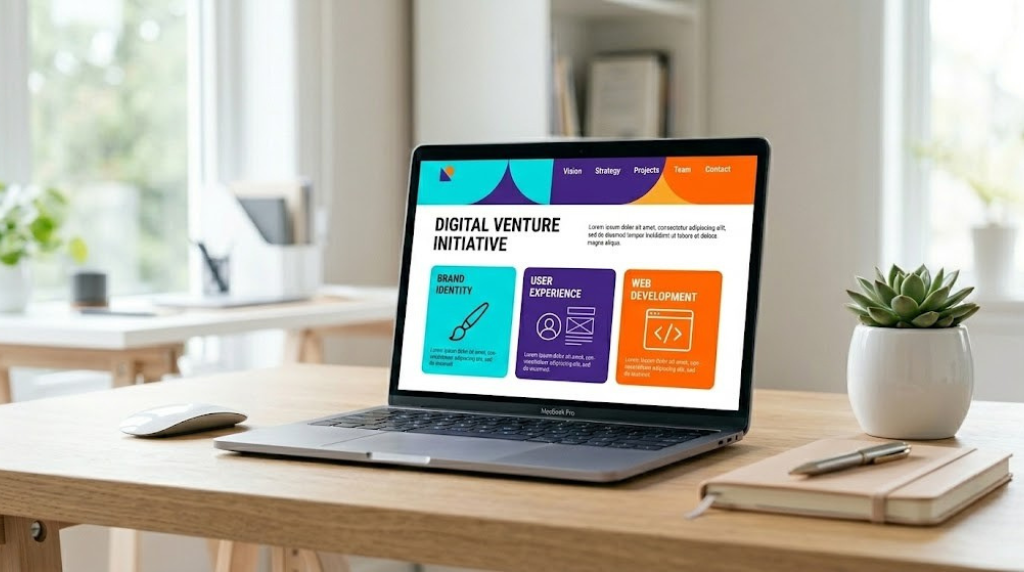 A laptop on a wooden desk showing a "Digital Venture Initiative" website with bold blue, purple, and orange color blocks and service icons.