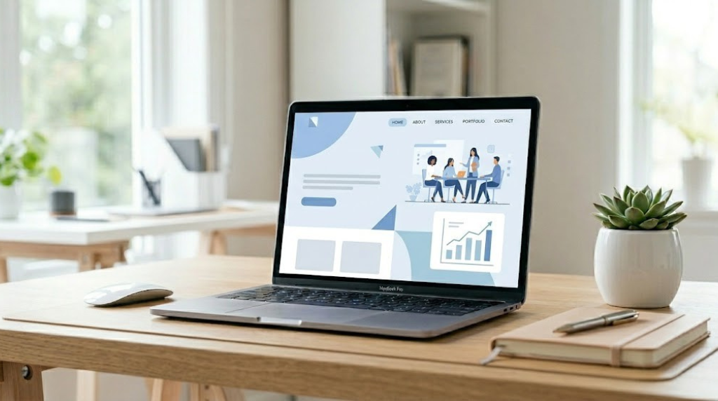 A laptop in a bright office setting showing a modern website with minimalist blue and white graphics and a professional team illustration.