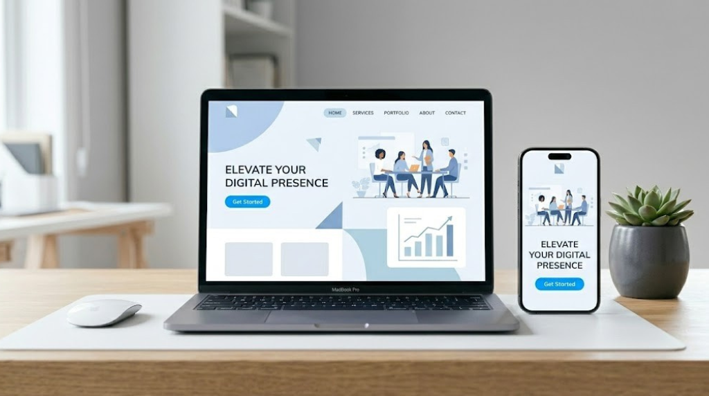 A laptop and smartphone side-by-side on a desk, both displaying a modern "Elevate Your Digital Presence" website with minimalist graphics.