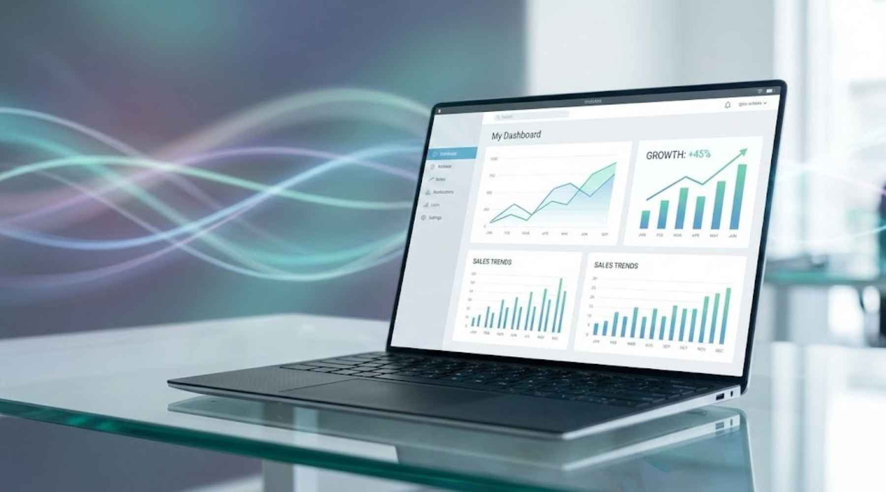A modern website design featuring a data dashboard with growth charts displayed on a sleek laptop screen.
