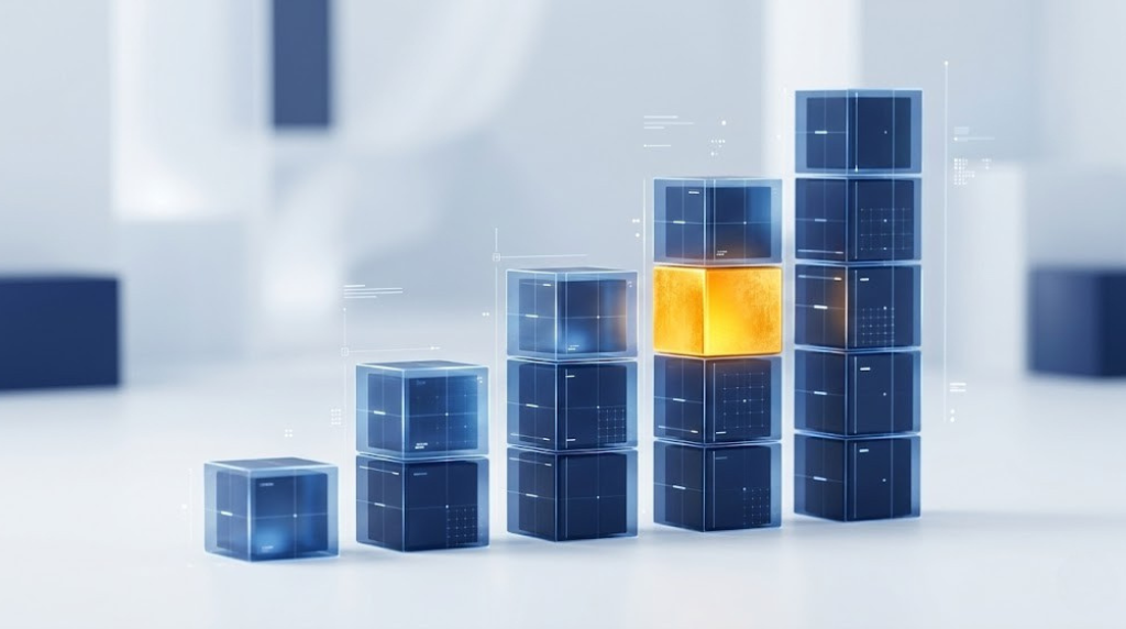 A futuristic 3D bar chart made of translucent blue cubes with one glowing gold cube, symbolizing the growth potential of effective digital presentation.