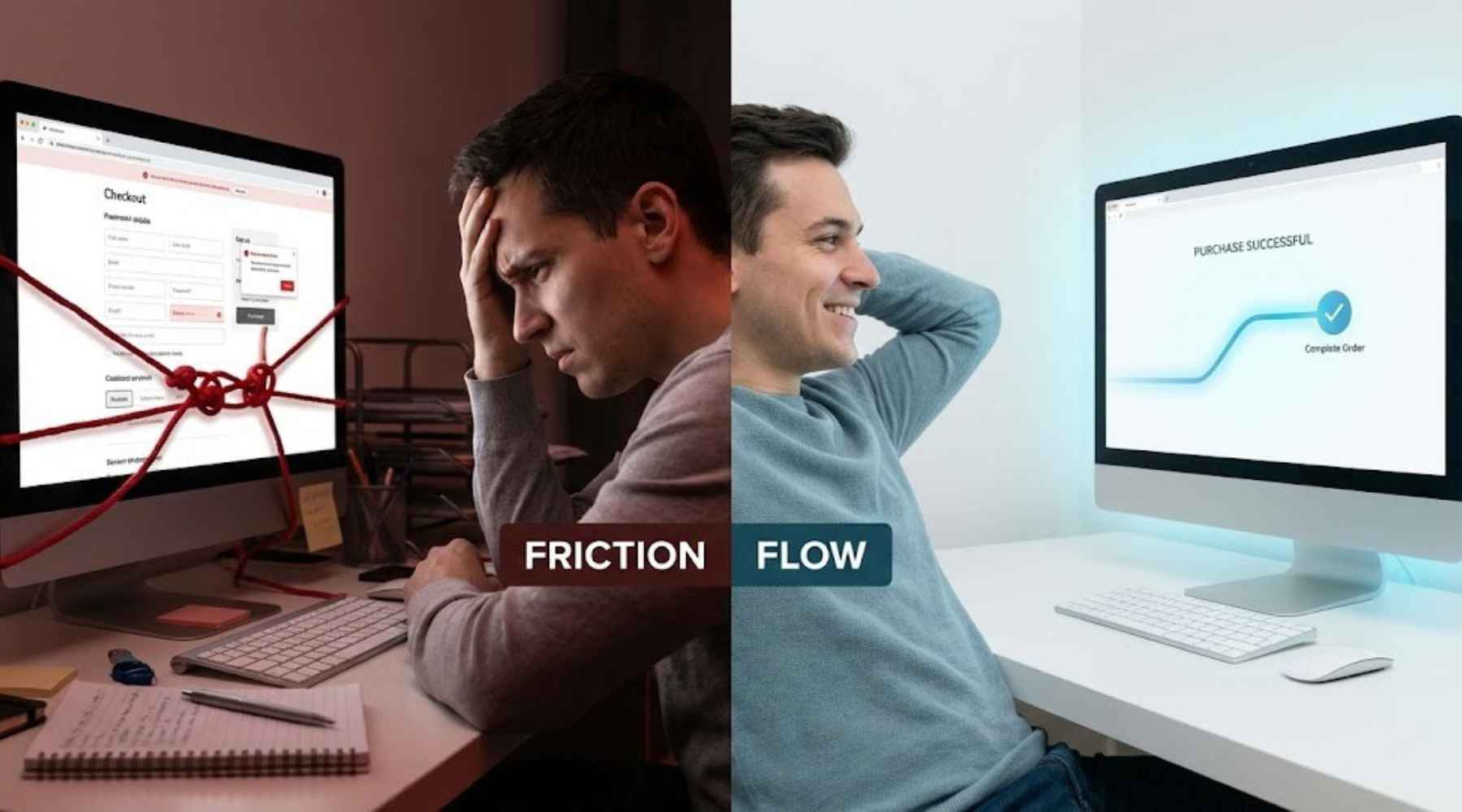 A split-screen comparison of a frustrated user versus a satisfied one, demonstrating the impact of empathy-led creators on reducing digital friction.
