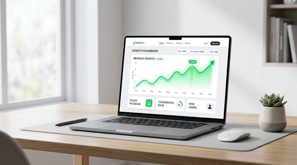 A laptop on a wooden desk showing a conversion-focused dashboard with a bright green rising graph, an example of refined online craftsmanship.