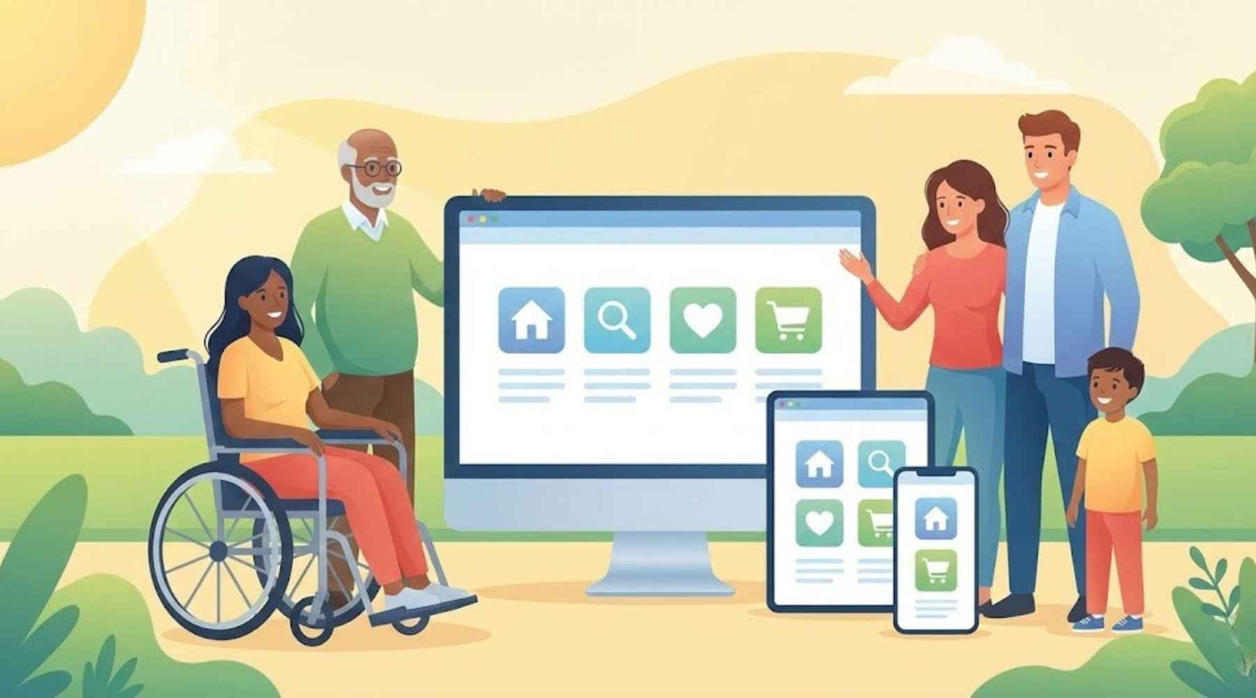 An illustration of a diverse group of people highlighting inclusive digital ergonomics and universal accessibility across devices.