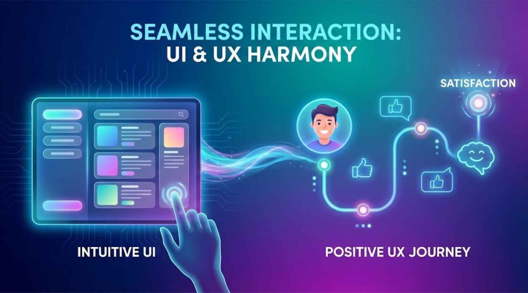 A neon-styled infographic showing a hand interacting with a digital screen to create a positive user pathway through interface intuition.