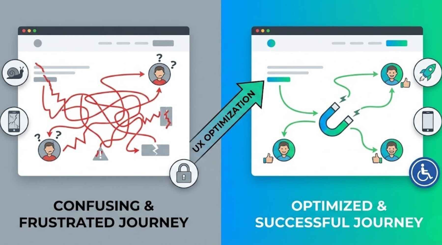 A comparison diagram showing a frustrated journey transformed into a successful one through interface optimization and friction reduction.