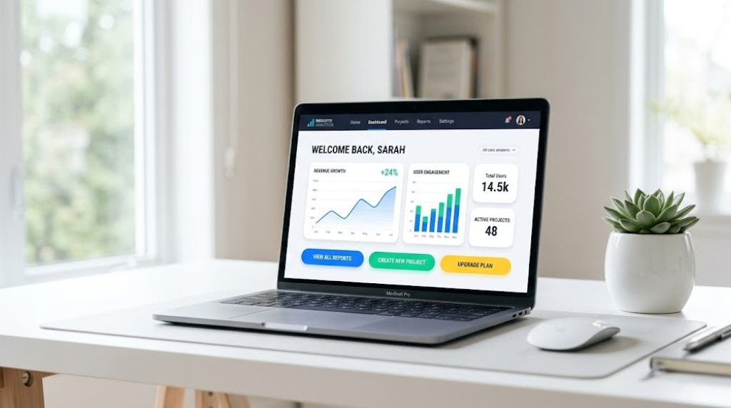 A MacBook Pro displaying a professional 'Welcome Back' analytics dashboard with clean white cards and vibrant call-to-action buttons, showcasing polished page styling.