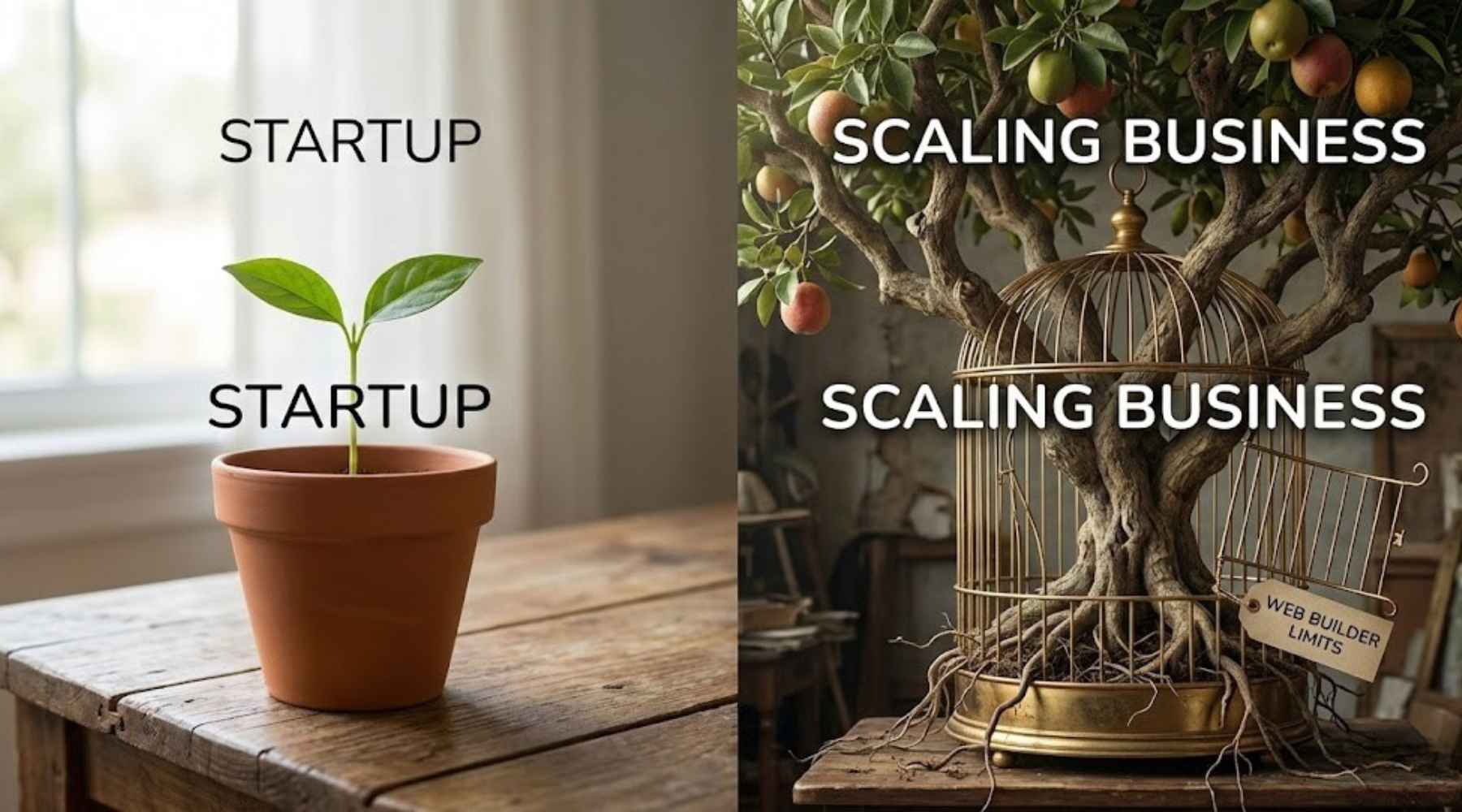A conceptual image of a small startup seedling next to a large tree restricted by a "Web Builder Limits" cage, showcasing the importance of choosing premier web design tools that allow for business growth.