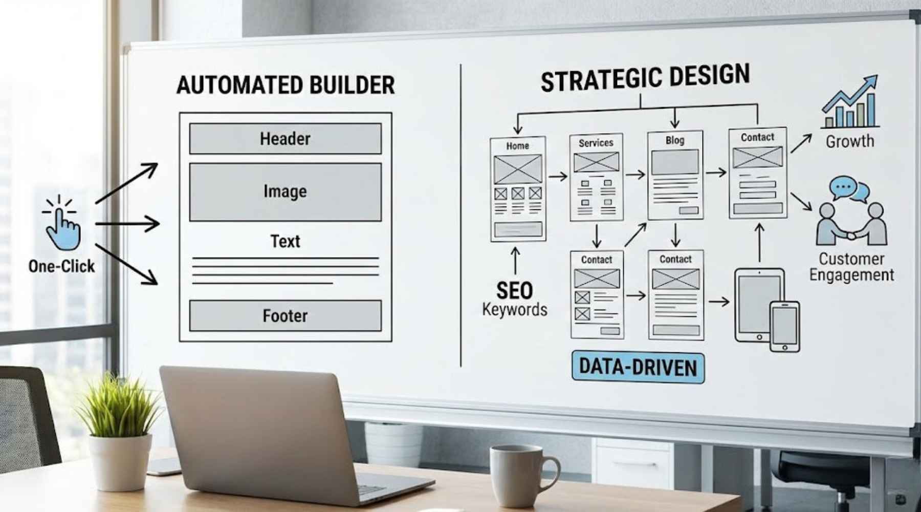 An office whiteboard detailing the technical workflow and strategic design elements used by site developers.