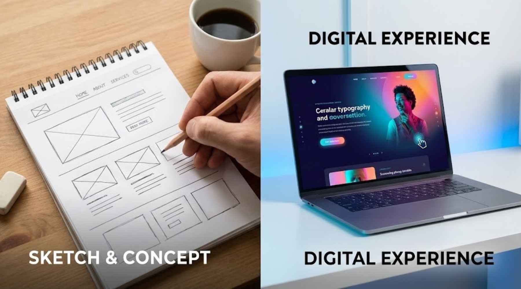A side-by-side comparison of a manual website sketch and a finished digital experience created with a prototyping application.