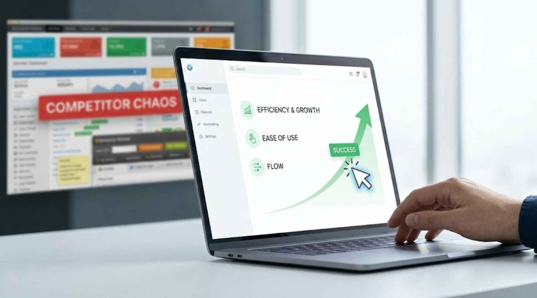 A laptop displaying usability planning metrics such as flow and ease of use to stand out against market competition.