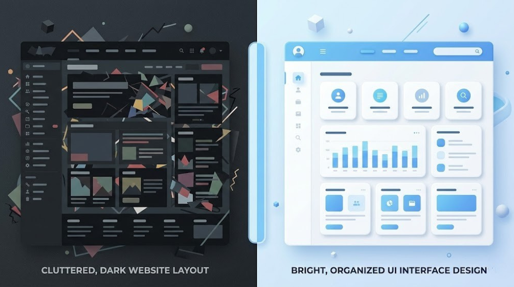 A split-screen visual contrasting a chaotic dark layout with a clean, light-themed optimal site configuration.