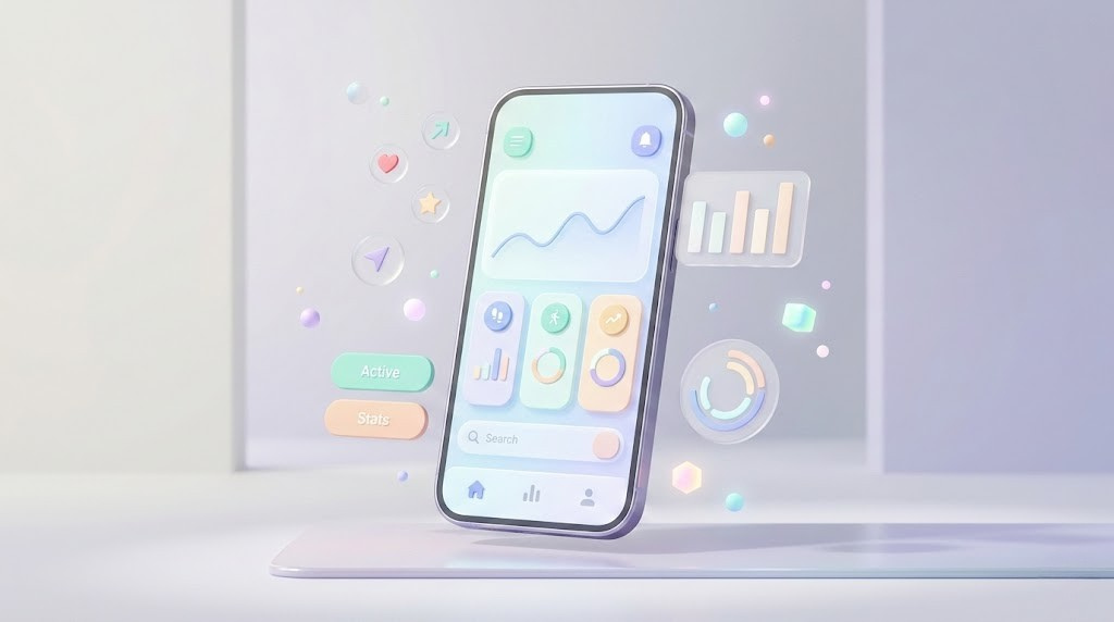 A 3D mobile smartphone displaying a soft pastel dashboard with floating glassmorphism widgets, representing high-quality web aesthetics.